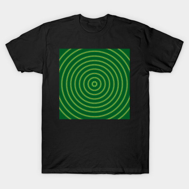 Round Bullseye Pattern no.3 Dark and Medium Green and Yellow with Red dotted lines T-Shirt by Neil Feigeles